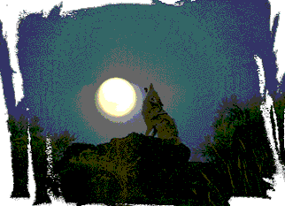 Paintng of a wolf calling in the full moon